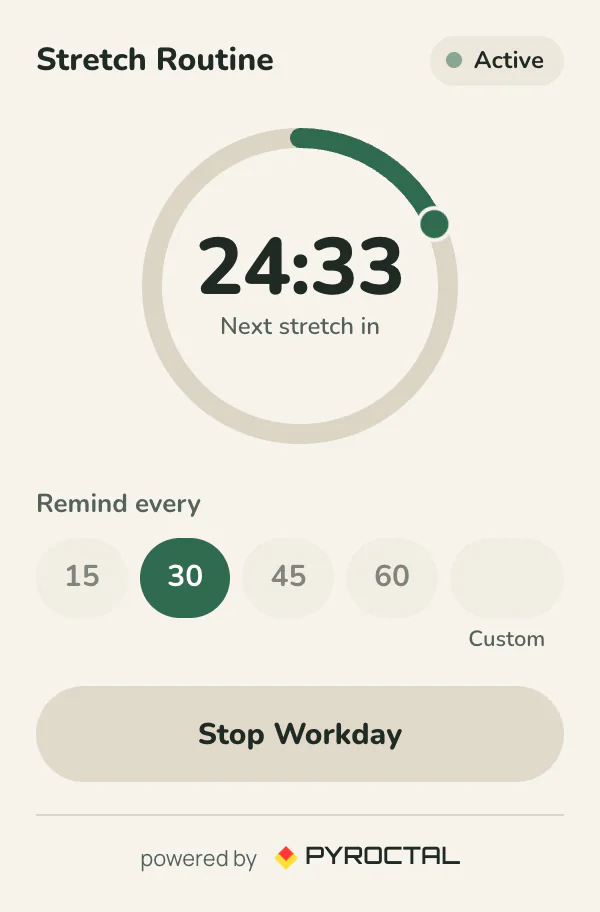 The Stretch Routine popup: a ring around the countdown 24:33, next stretch in, 30 minutes selected, Stop Workday button
